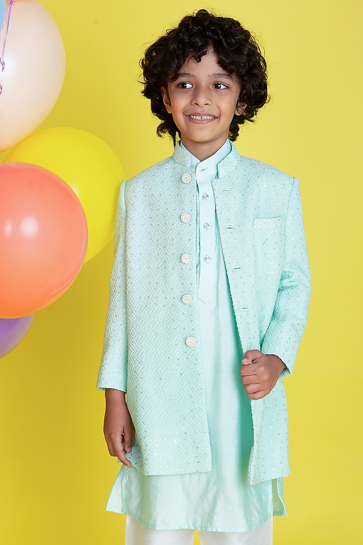Mint Green Georgette Sherwani Set For Boys by Little Boys Closet at Pernia's Pop Up Shop