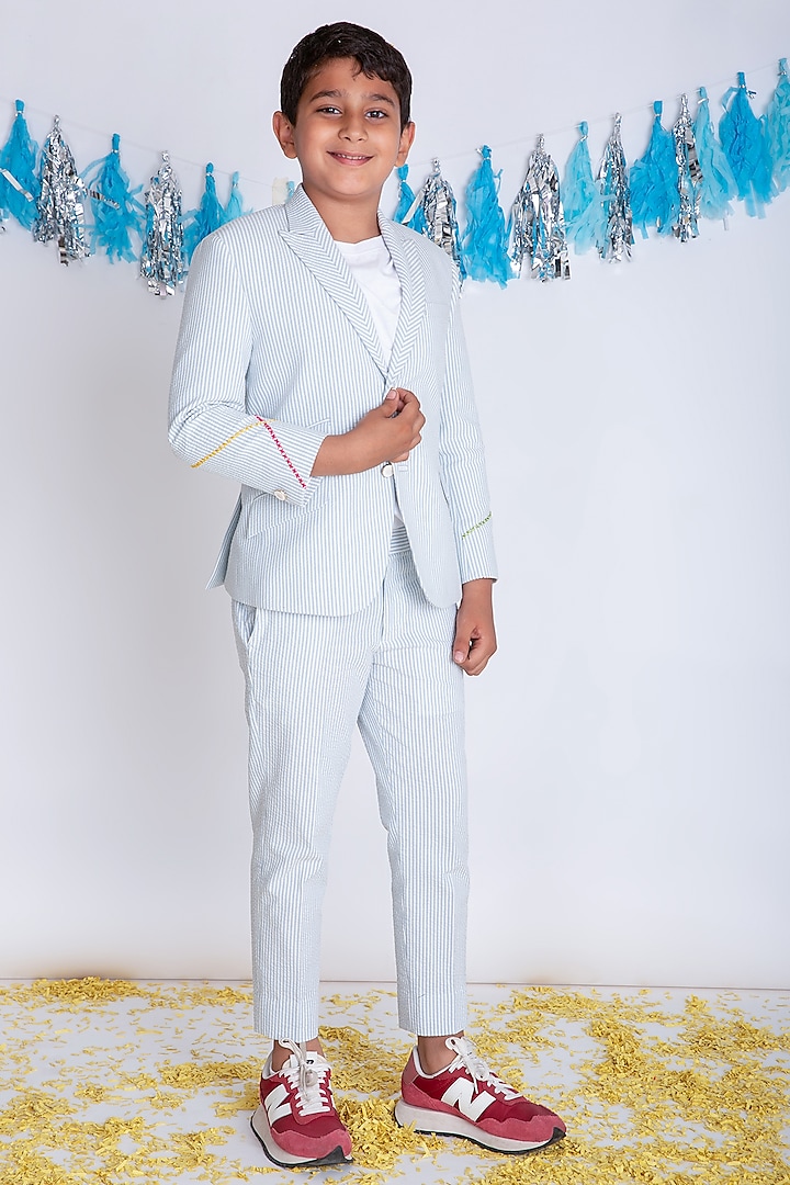 Blue & White Cotton Embroidered Blazer For Boys by Little Boys Closet at Pernia's Pop Up Shop