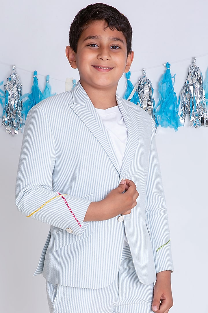 Blue & White Cotton Embroidered Blazer For Boys by Little Boys Closet at Pernia's Pop Up Shop