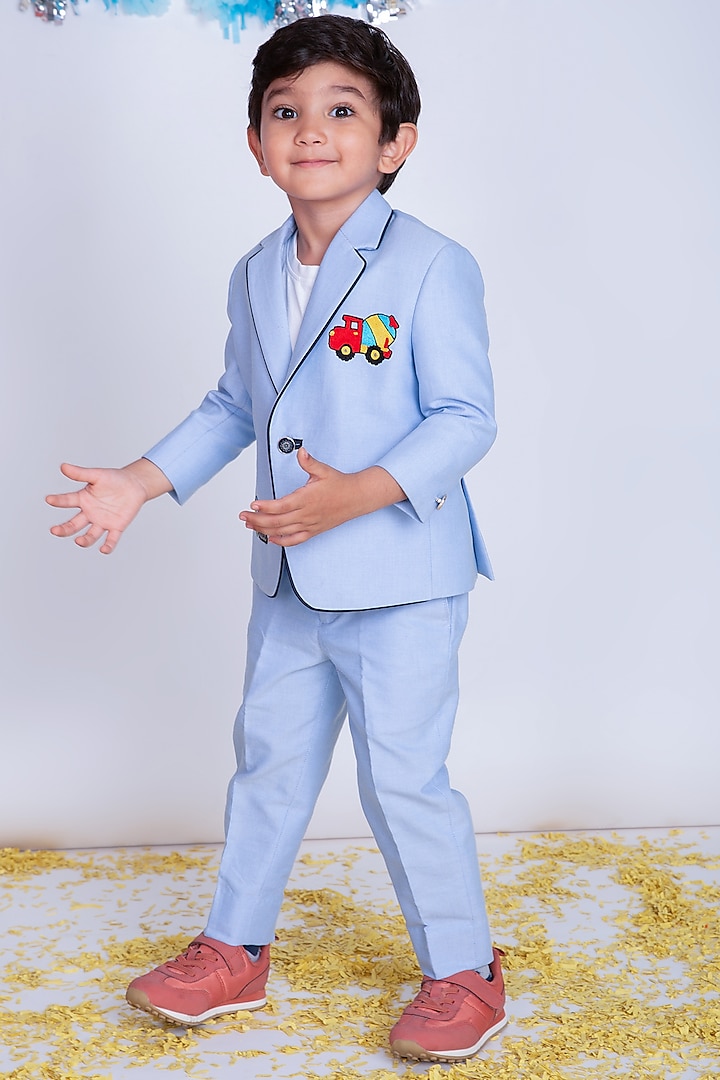 Sky Blue Suiting Resham Embroidered Blazer Set For Boys by Little Boys Closet