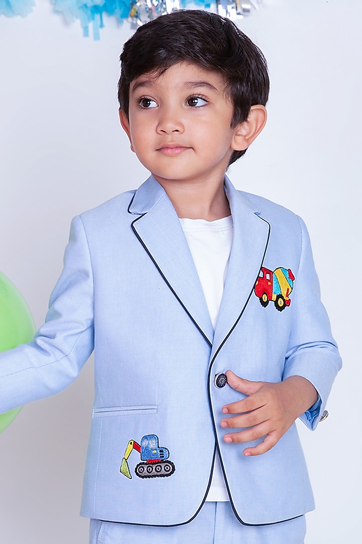 Sky Blue Suiting Resham Embroidered Blazer Set For Boys by Little Boys Closet at Pernia's Pop Up Shop