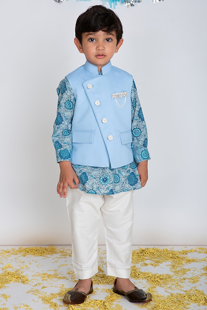 Sky Blue Kurta Set With Waistcoat For Boys by Little Boys Closet at Pernia's Pop Up Shop