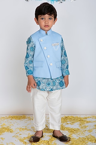 Sky Blue Kurta Set With Waistcoat For Boys by Little Boys Closet