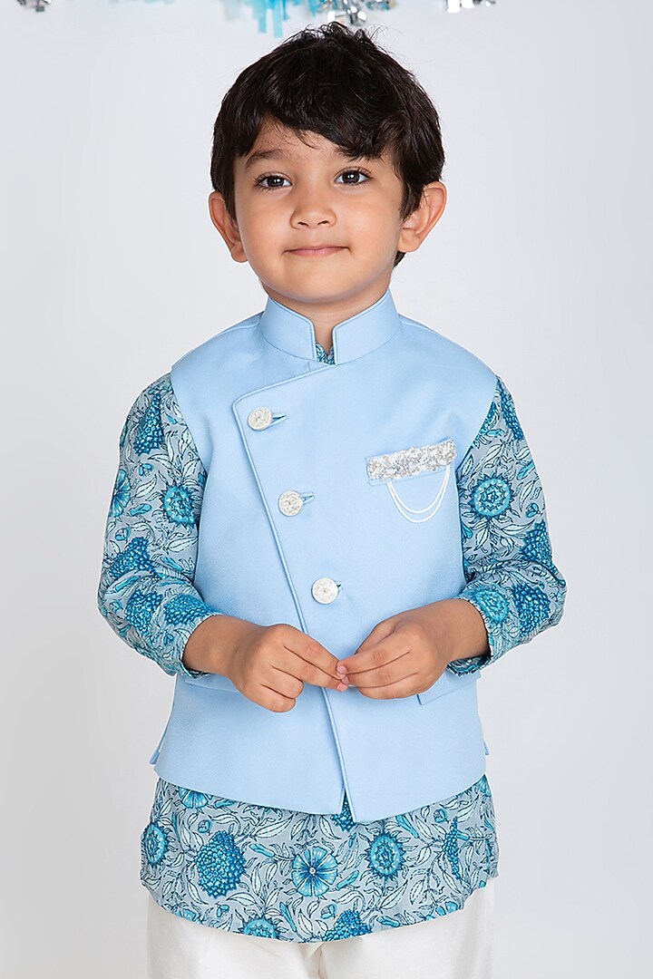 Sky Blue Kurta Set With Waistcoat For Boys by Little Boys Closet at Pernia's Pop Up Shop