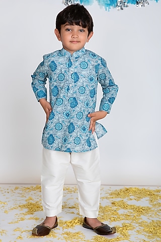 Blue Cotton Kurta Set For Boys by Little Boys Closet