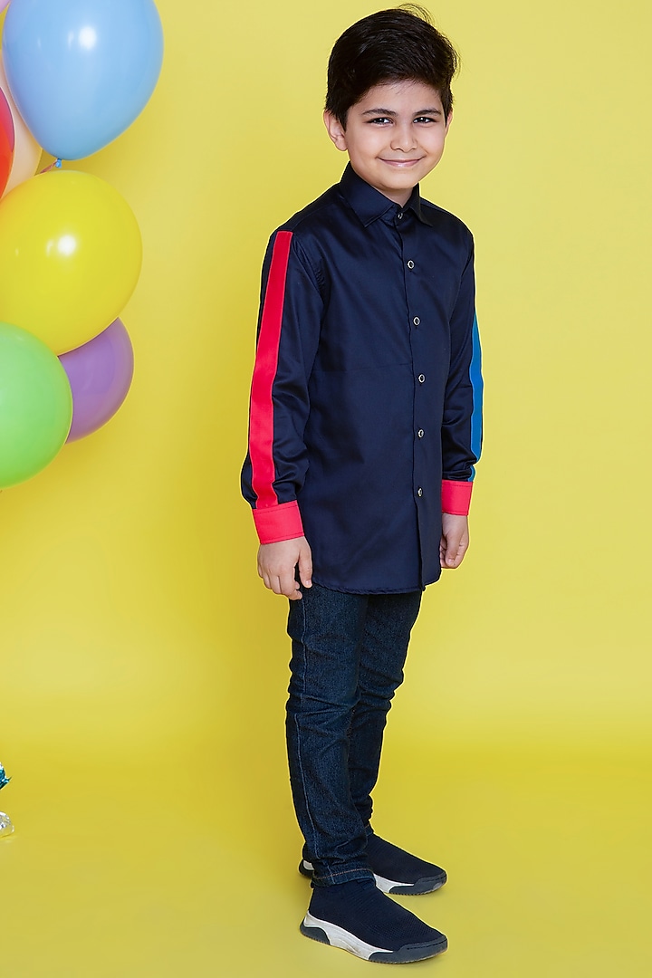 Navy Blue Printed Cotton Shirt For Boys by Little Boys Closet
