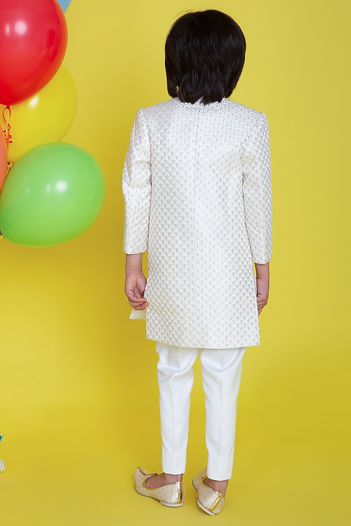 Off-White Silk Embroidered Sherwani Set For Boys by Little Boys Closet at Pernia's Pop Up Shop