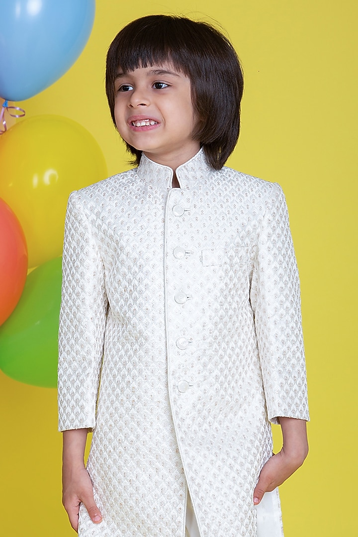 Off-White Silk Embroidered Sherwani Set For Boys by Little Boys Closet at Pernia's Pop Up Shop