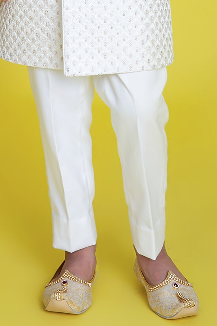 Off-White Silk Embroidered Sherwani Set For Boys by Little Boys Closet at Pernia's Pop Up Shop