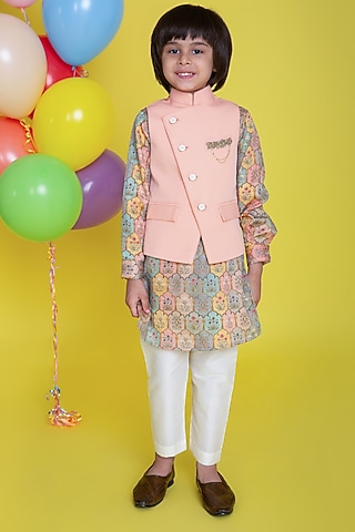 Peach Waistcoat With Kurta Set For Boys by Little Boys Closet