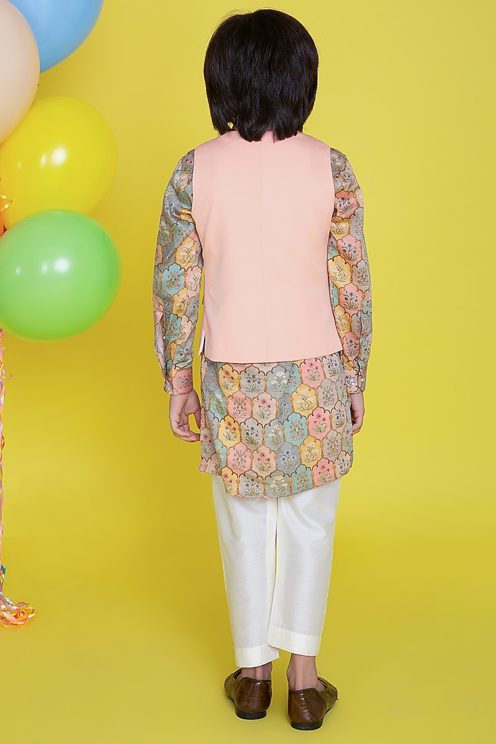 Peach Waistcoat With Kurta Set For Boys by Little Boys Closet at Pernia's Pop Up Shop
