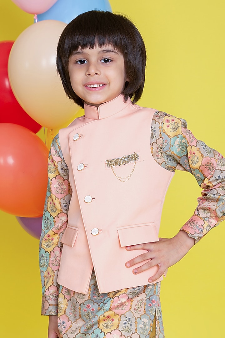 Peach Waistcoat With Kurta Set For Boys by Little Boys Closet at Pernia's Pop Up Shop
