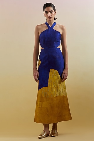 Azure & Amber Dupion Silk Printed Halter Maxi Dress by CLOS