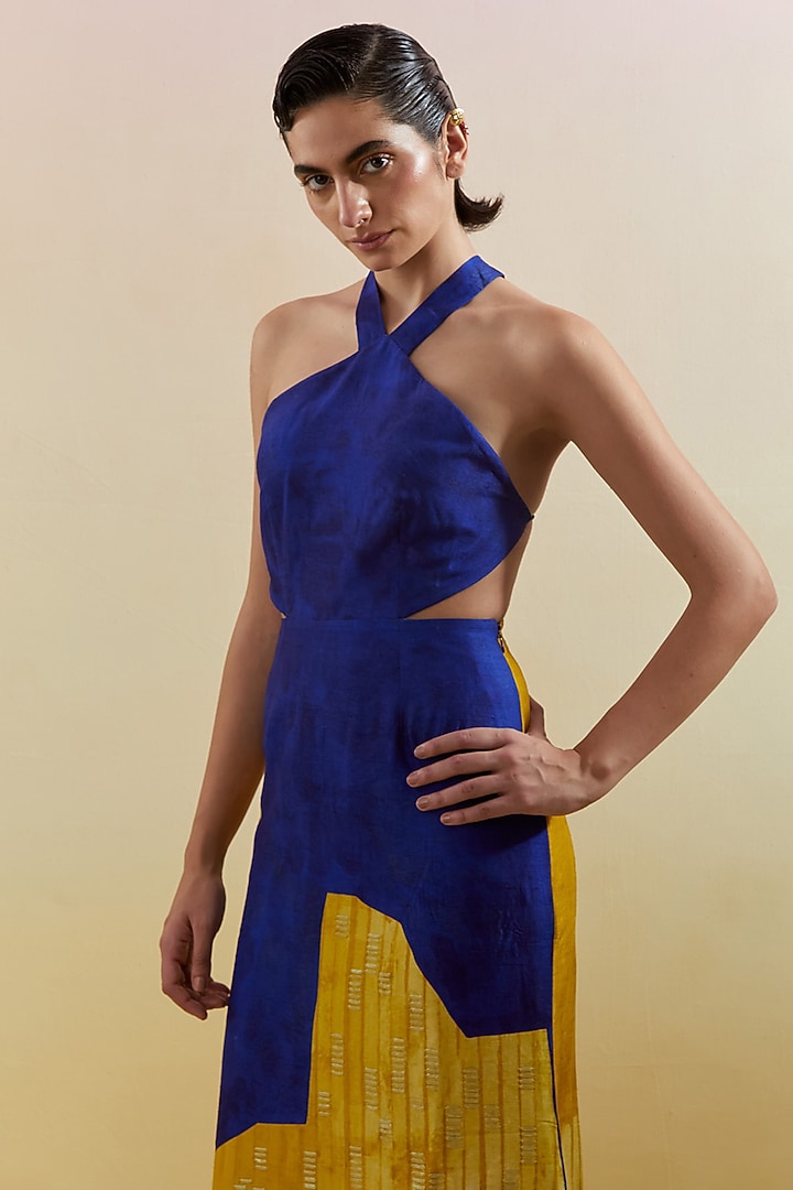 Azure & Amber Dupion Silk Printed Halter Maxi Vacation Dress by CLOS at Pernia's Pop Up Shop