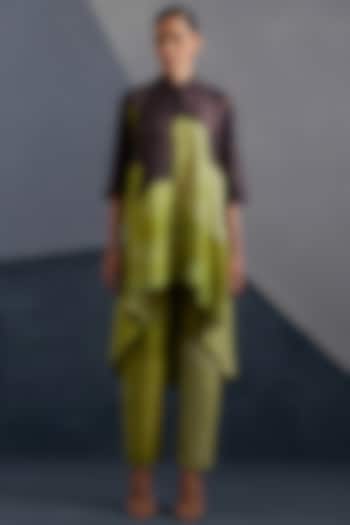 Moss Green & Coffee Brown Dupion Silk Printed Tunic Set by CLOS at Pernia's Pop Up Shop