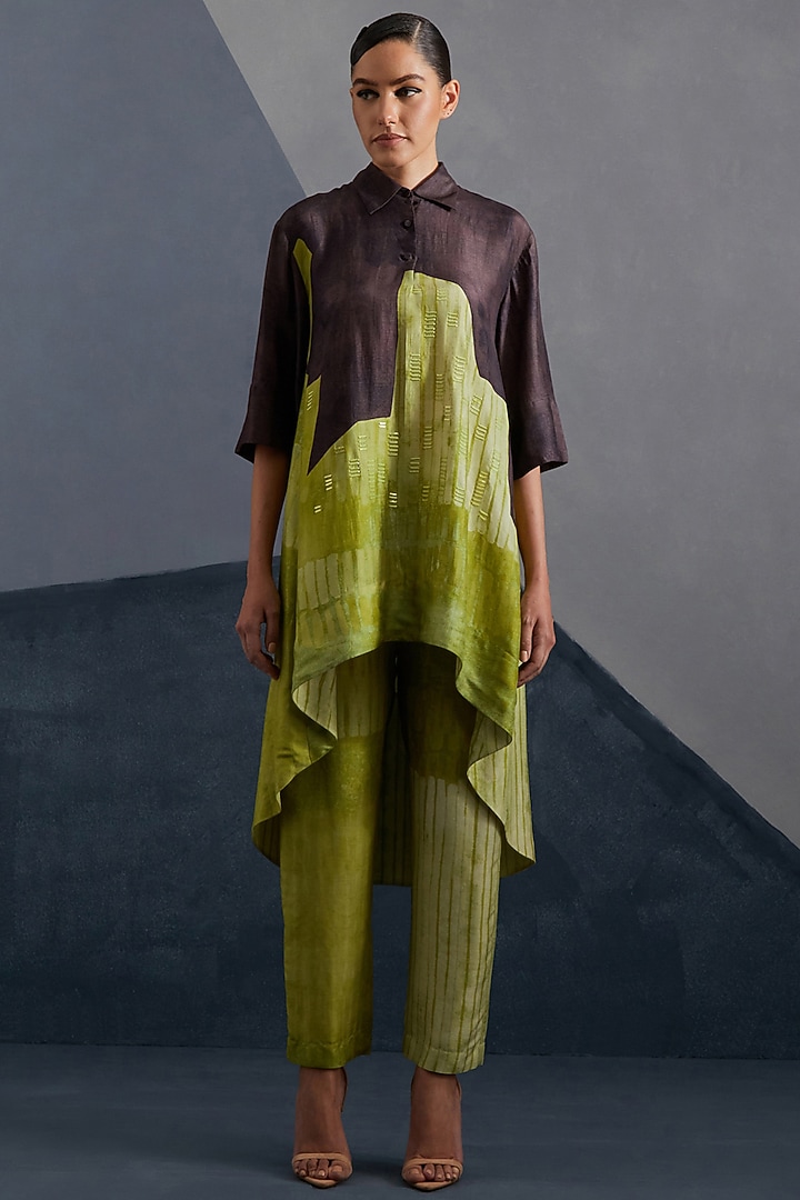 Moss Green & Coffee Brown Dupion Silk Printed Tunic Set by CLOS at Pernia's Pop Up Shop