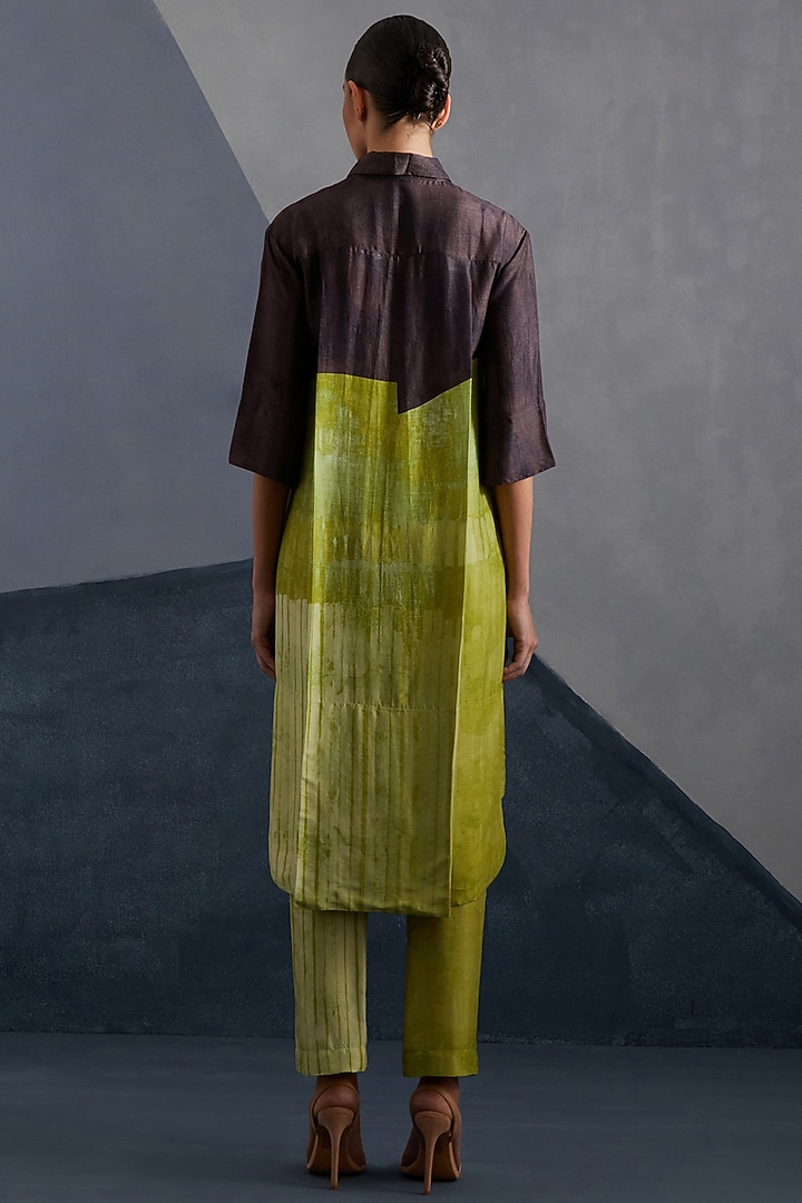 Moss Green & Coffee Brown Dupion Silk Printed Tunic Set by CLOS at Pernia's Pop Up Shop