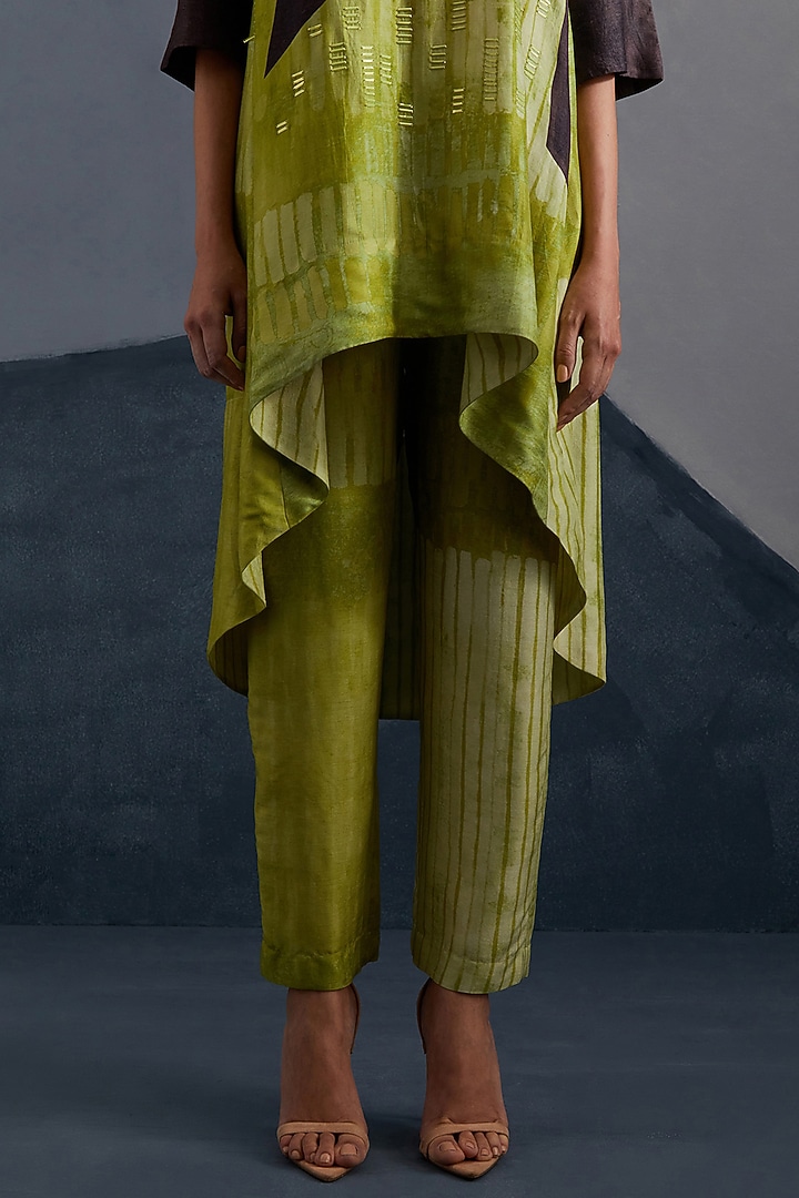 Moss Green & Coffee Brown Dupion Silk Printed Tunic Set by CLOS at Pernia's Pop Up Shop