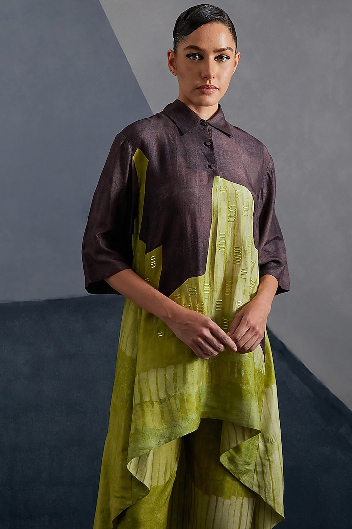 Moss Green & Coffee Brown Dupion Silk Printed Tunic Set by CLOS at Pernia's Pop Up Shop