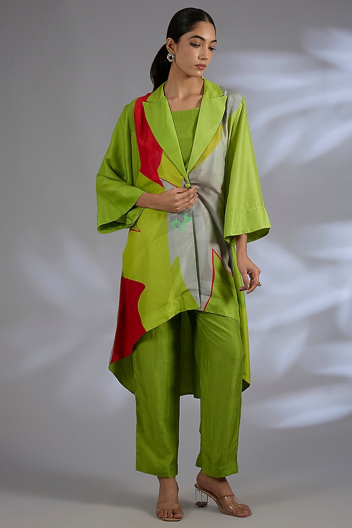 Green Dupion Silk Asymmetrical Jacket Set by CLOS at Pernia's Pop Up Shop