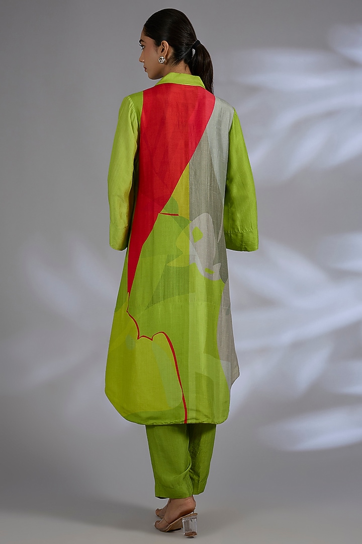 Green Dupion Silk Asymmetrical Jacket Set by CLOS at Pernia's Pop Up Shop