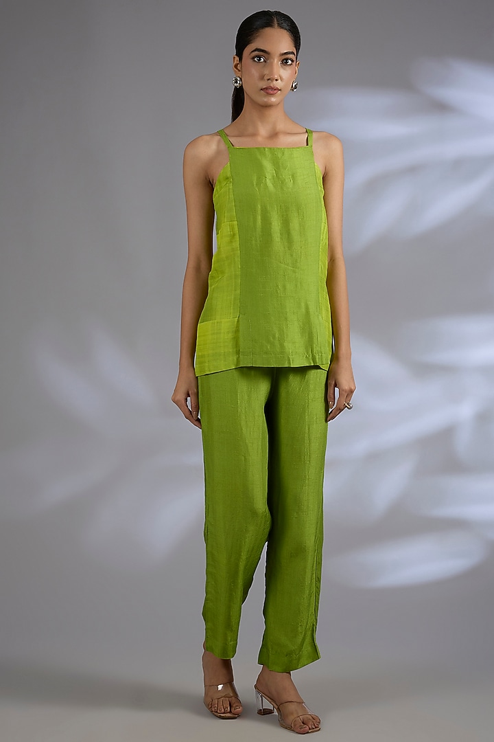 Green Dupion Silk Asymmetrical Jacket Set by CLOS at Pernia's Pop Up Shop