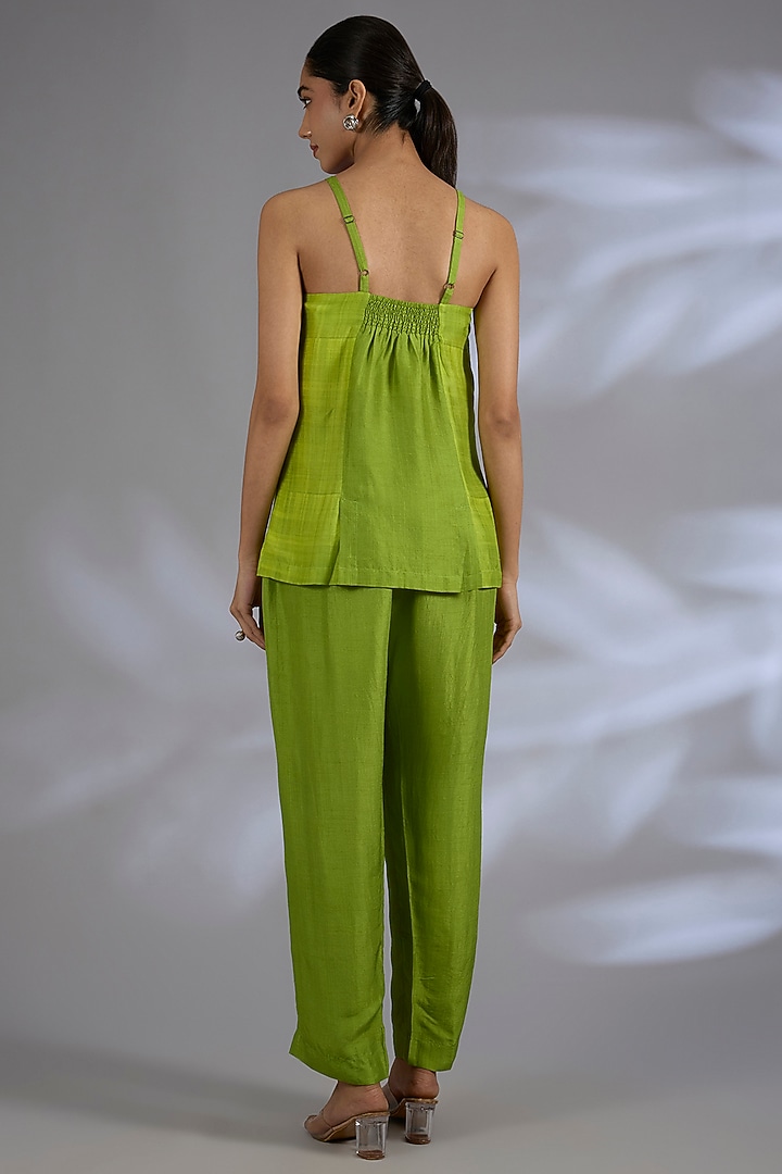 Green Dupion Silk Asymmetrical Jacket Set by CLOS at Pernia's Pop Up Shop