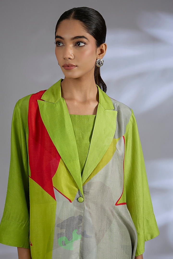 Green Dupion Silk Asymmetrical Jacket Set by CLOS at Pernia's Pop Up Shop