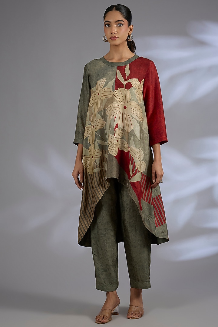 Multi-Colored Dupion Silk Asymmetrical Kurta Set by CLOS at Pernia's Pop Up Shop