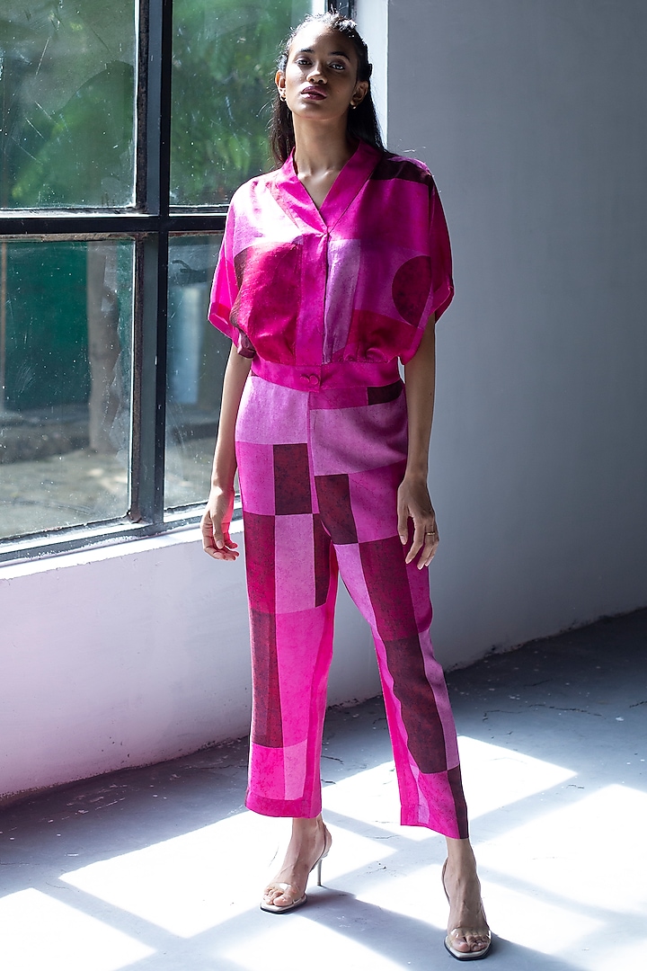 Magenta Pink Dupion Silk Pant Set by CLOS