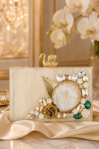 Off White Embellished Box Clutch by A Clutch Story