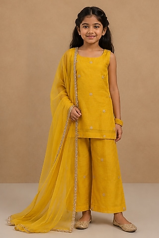 Mustard Tissue Chanderi Kurta Set For Girls by Charu Makkar Kids