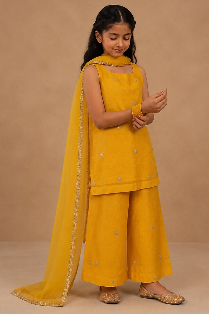 Mustard Tissue Chanderi Kurta Set For Girls by Charu Makkar Kids at Pernia's Pop Up Shop