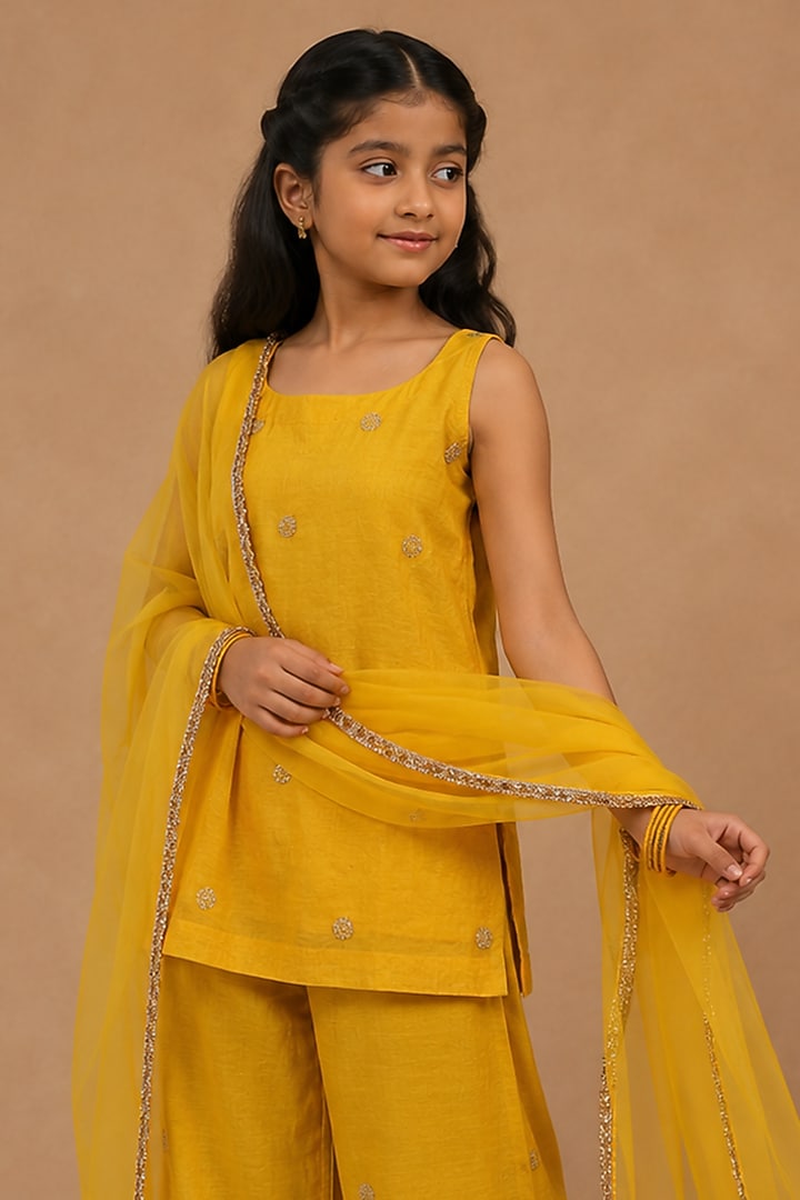Mustard Tissue Chanderi Kurta Set For Girls by Charu Makkar Kids at Pernia's Pop Up Shop