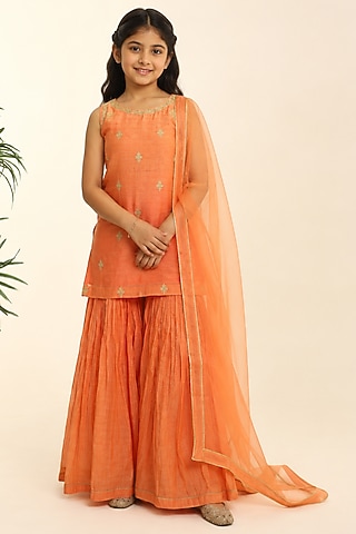Orange Mul Chanderi Gharara Set For Girls by Charu Makkar Kids