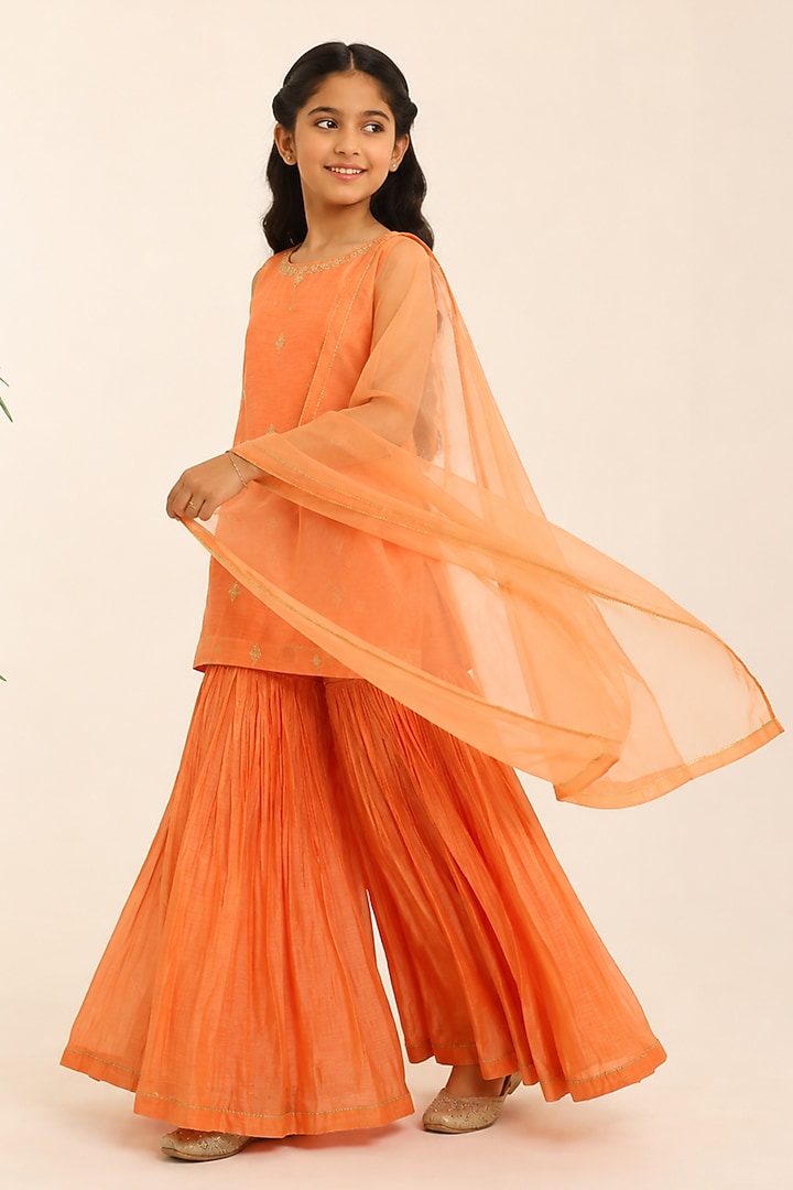 Orange Mul Chanderi Gharara Set For Girls by Charu Makkar Kids at Pernia's Pop Up Shop