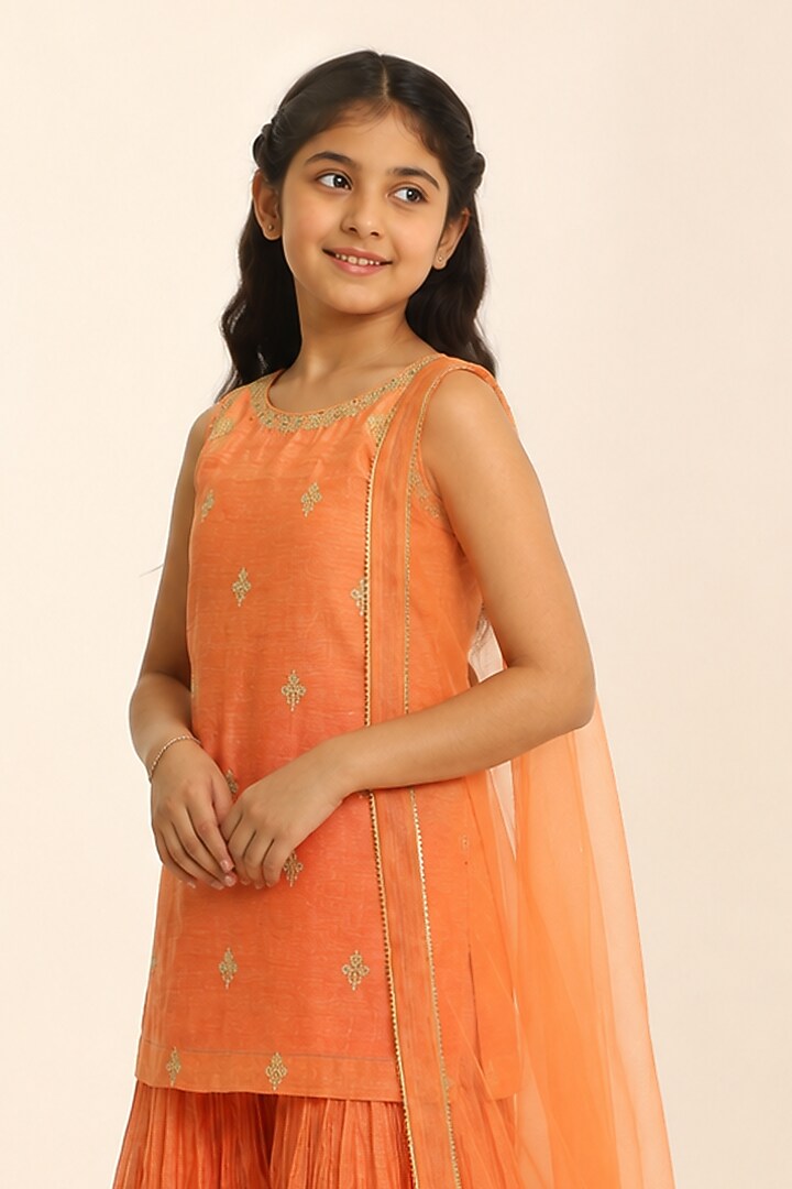 Orange Mul Chanderi Gharara Set For Girls by Charu Makkar Kids at Pernia's Pop Up Shop