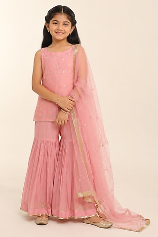 Baby Pink Tissue Chanderi Gharara Set For Girls by Charu Makkar Kids