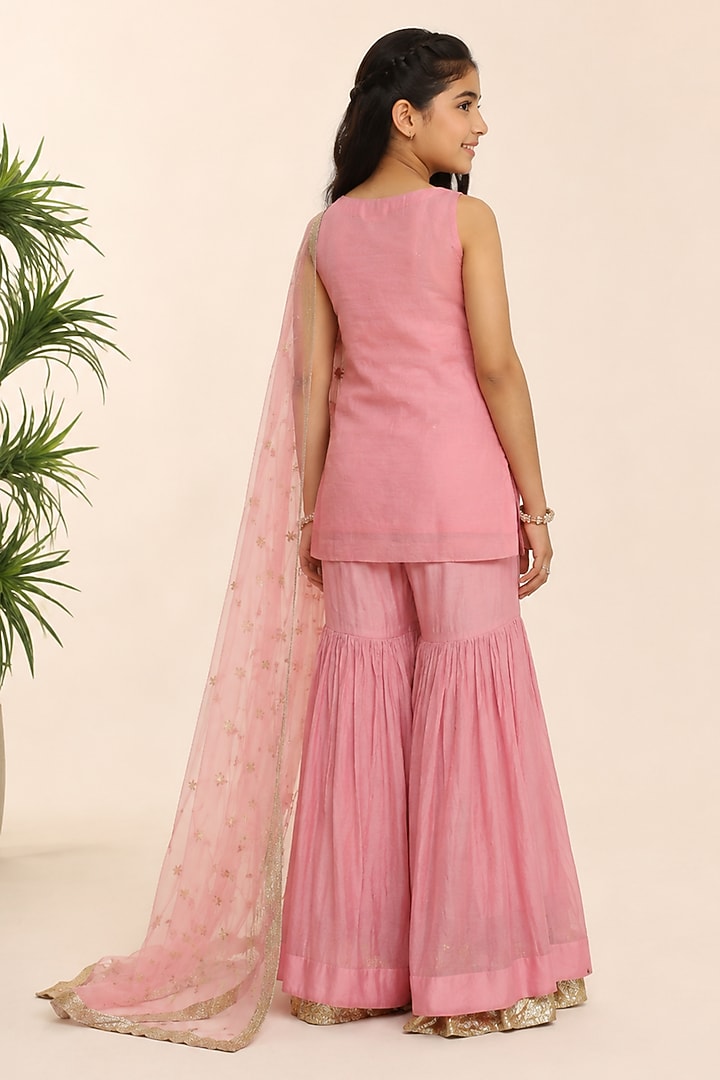 Baby Pink Tissue Chanderi Gharara Set For Girls by Charu Makkar Kids at Pernia's Pop Up Shop