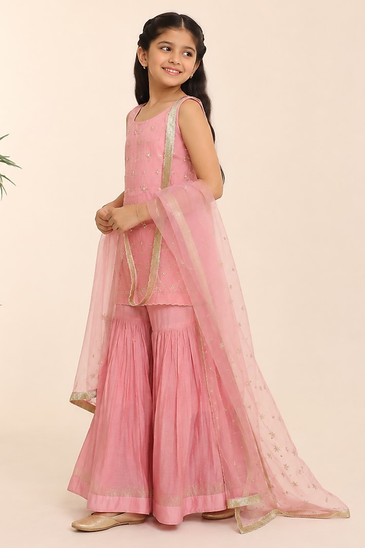 Baby Pink Tissue Chanderi Gharara Set For Girls by Charu Makkar Kids at Pernia's Pop Up Shop