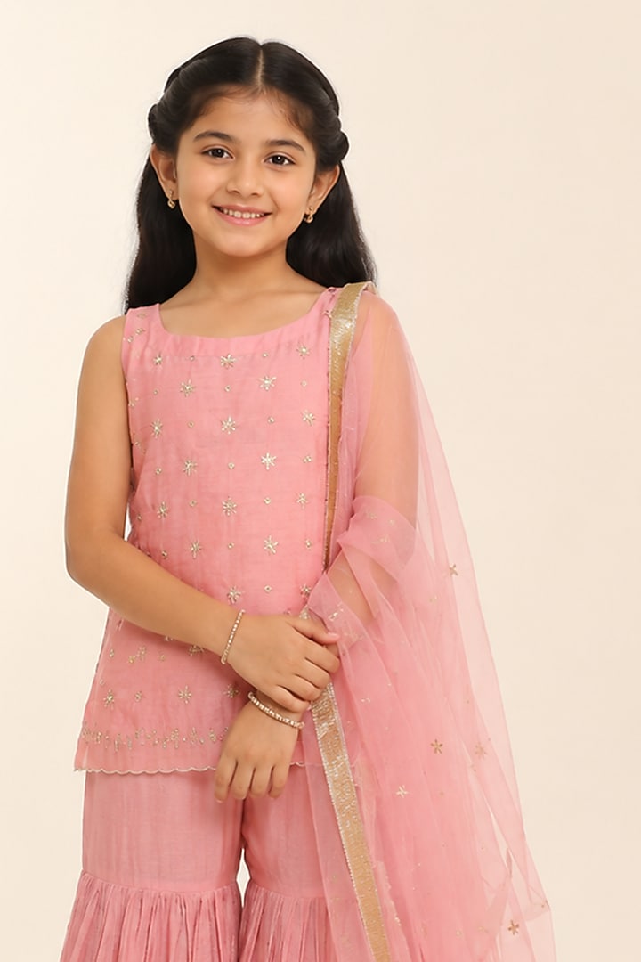 Baby Pink Tissue Chanderi Gharara Set For Girls by Charu Makkar Kids at Pernia's Pop Up Shop