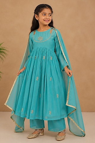 Turquoise Blue Mul Chanderi Kurta Set For Girls by Charu Makkar Kids