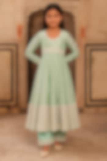 Teal Green Slub Raw Silk Dori Embroidered Anarkali Set For Girls by Charu Makkar Kids at Pernia's Pop Up Shop