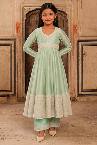 Teal Green Slub Raw Silk Dori Embroidered Anarkali Set For Girls by Charu Makkar Kids