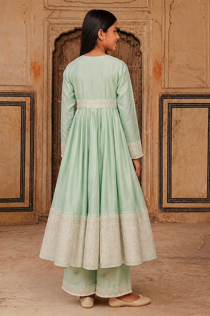 Teal Green Slub Raw Silk Dori Embroidered Anarkali Set For Girls by Charu Makkar Kids at Pernia's Pop Up Shop