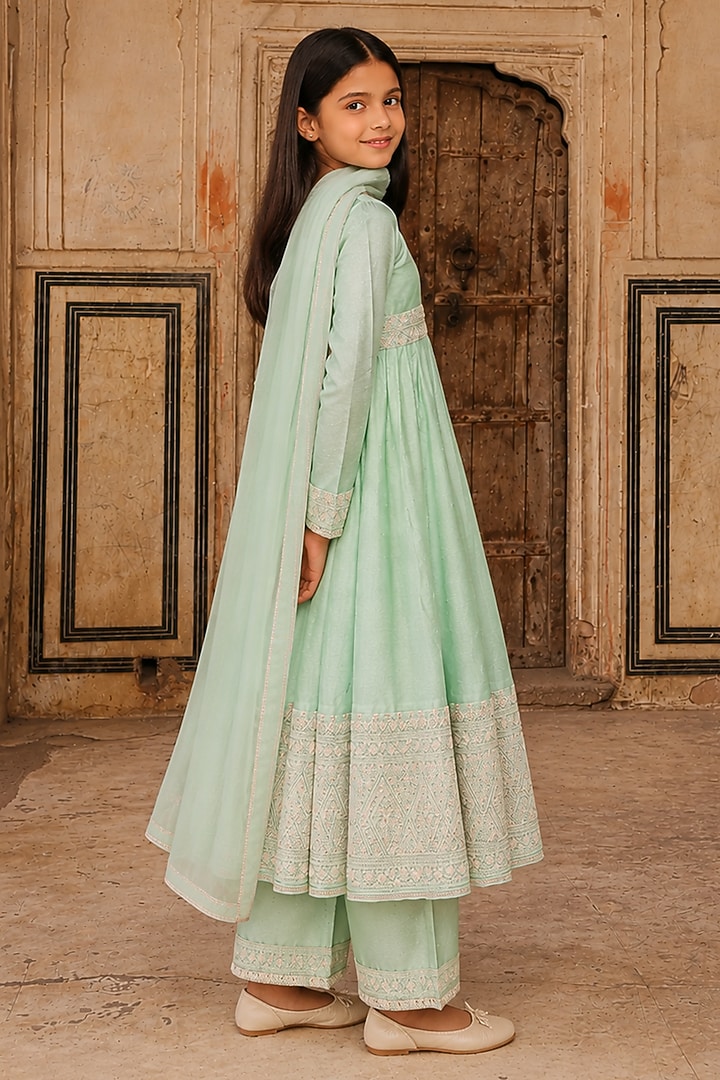 Teal Green Slub Raw Silk Dori Embroidered Anarkali Set For Girls by Charu Makkar Kids at Pernia's Pop Up Shop