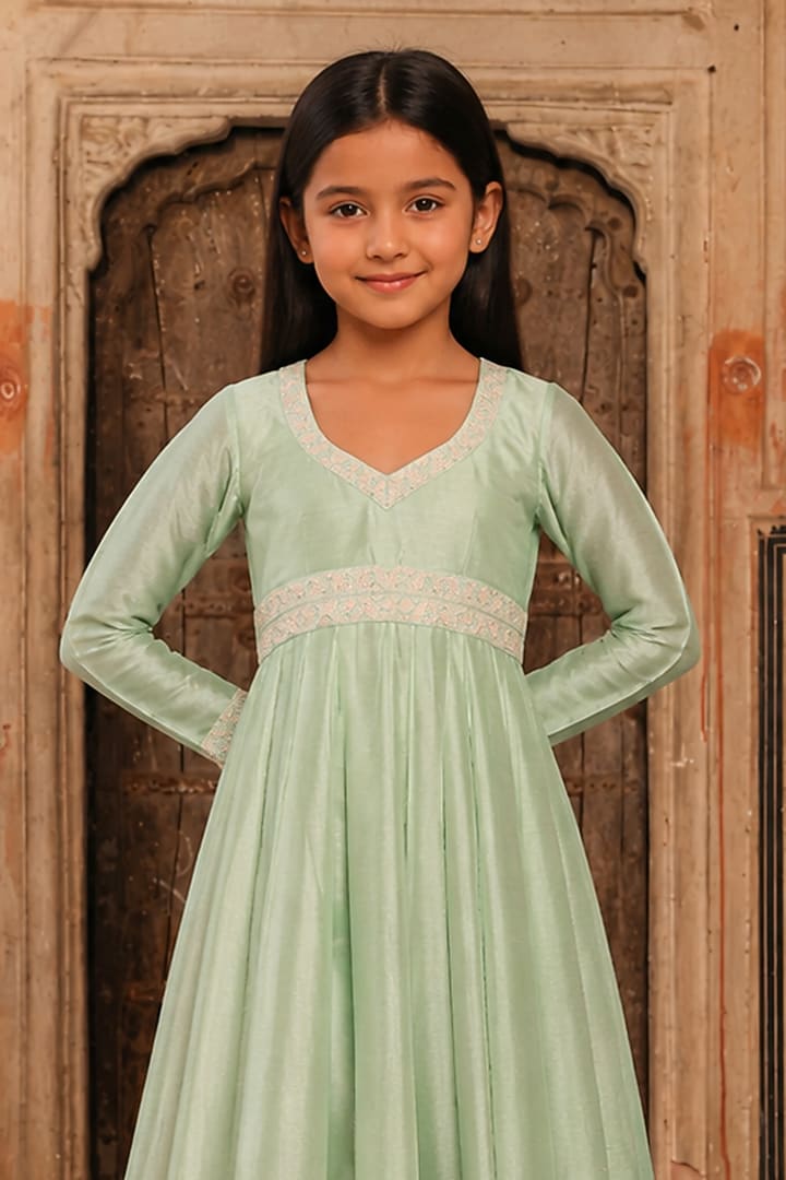 Teal Green Slub Raw Silk Dori Embroidered Anarkali Set For Girls by Charu Makkar Kids at Pernia's Pop Up Shop