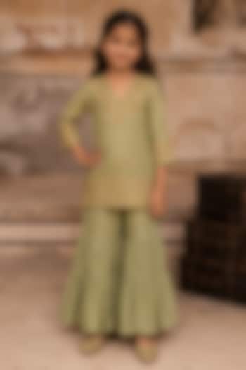 Sage Green Tissue Mul Chanderi Gharara Set For Girls by Charu Makkar Kids at Pernia's Pop Up Shop