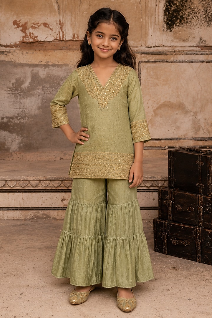 Sage Green Tissue Mul Chanderi Gharara Set For Girls by Charu Makkar Kids at Pernia's Pop Up Shop