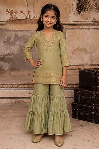 Sage Green Tissue Mul Chanderi Gharara Set For Girls by Charu Makkar Kids
